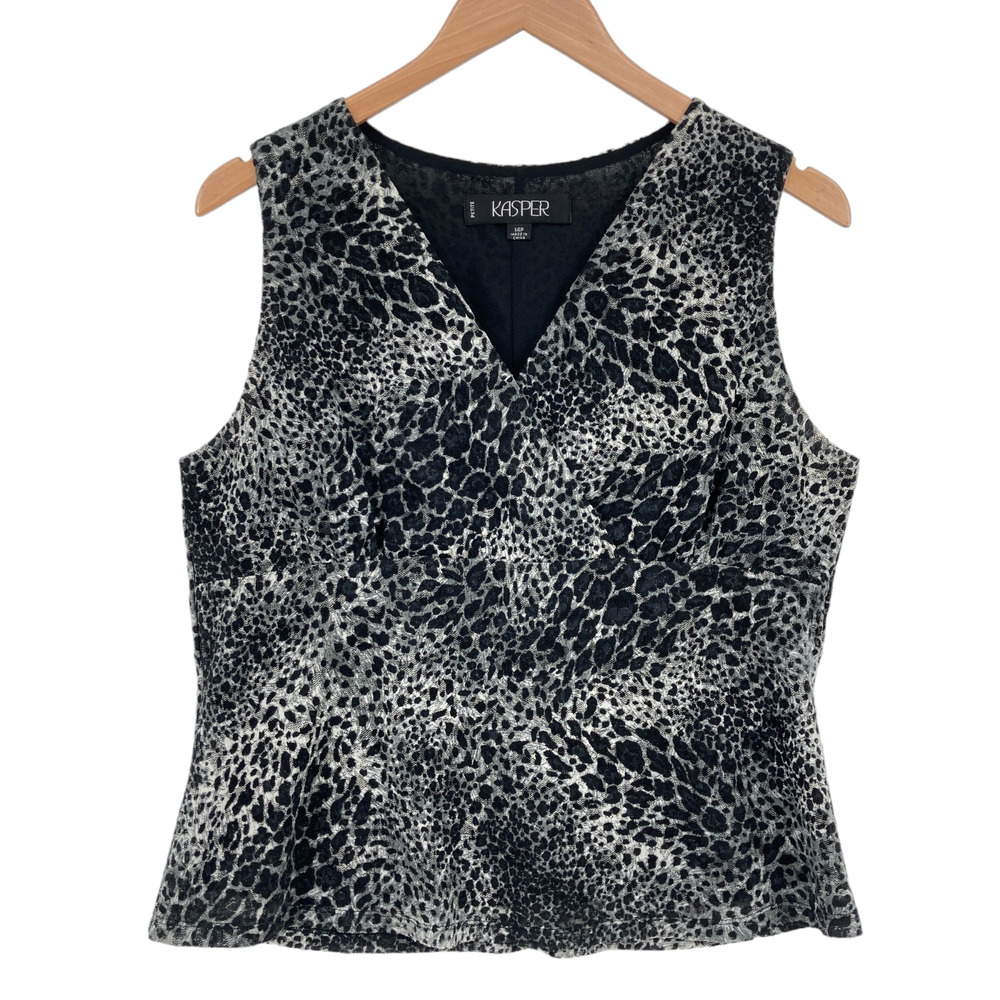 Kasper Tank Top Womens Petite 14P White Black Leopard Print Wrap V Neck Pullover
